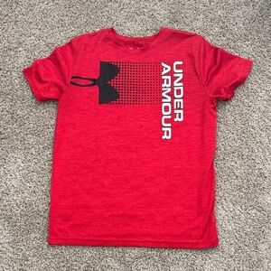 Under Armour Red Tee with Black Logo and White Vertical Text